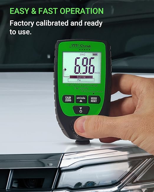 Paint Thickness Gauge CM-205FN for Cars – Digital Coating Thickness Meter, Auto Fe/NFe Detection, 0.1 μm Resolution, 0–1500 μm (0–59.1 mils), ±(3%+2 μm) Accuracy, Backlit LCD
