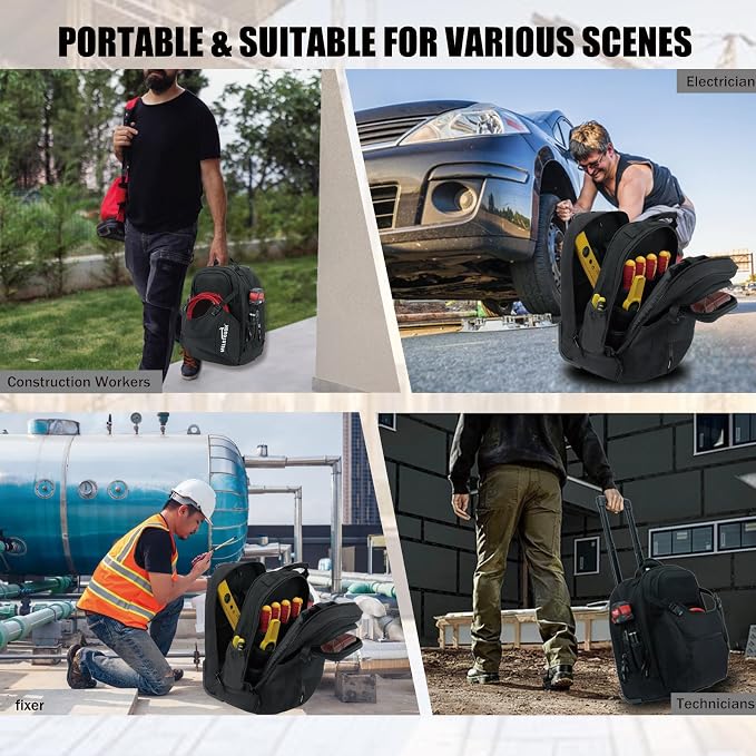 MELOTOUGH Rolling Tool Bag with Telescoping Handle 35 Pockets Wheeled Electrician Backpack Tool Bag For Men,Water Resistant Tool Storage Organizer Including Laptop Sleeve(BLK)