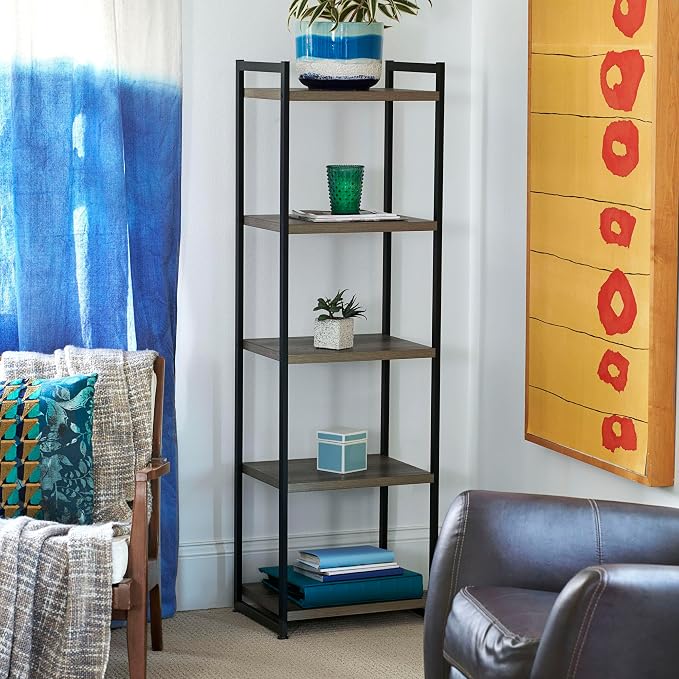 Household Essentials 5 Tier Storage Tower Metal, Grey Shelf – Black Frame, Ashwood