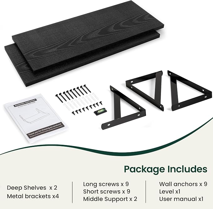 Floating Shelves 12 Inch Deep, 36W x 12D Wall Shelf Set of 2, 60 lbs Heavy Duty Reversible Metal Brackets, Deep Industrial Book Shelf for Living Room Kitchen Bath Bedroom Coffee Bar, Black