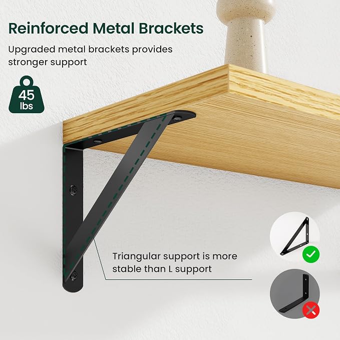 Floating Shelves 8 Inch Deep, 24W x 8D Wall Shelf Set of 2, 50 lbs Heavy Duty Reversible Metal Brackets, Industrial Book Shelf for Living Room Kitchen Bathroom Bedroom Gallery Wall, Oak