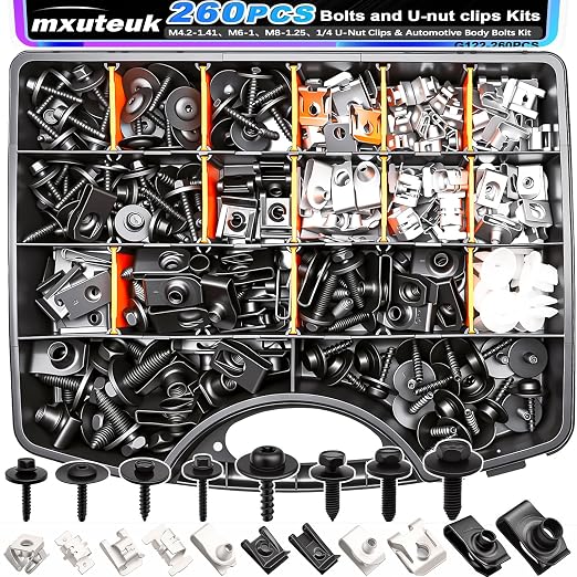 mxuteuk 260PCS U-Nut Clips & Automotive Body Fender Bolts Kit,for Most Cars Fender,Engine Undertray Cover, Engine Cover & Bumper Fender Liner