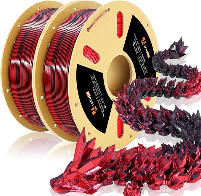 LOVOON PLA 3D Printer Filament Silk Bundle 2KG, PLA Filament 1.75mm Shiny Dual Color Change by Angle, 3D Printing Filament Bundle of Silk Black/Red, 1KG X 2 Spools