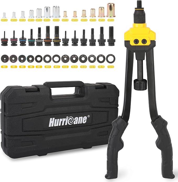 HURRICANE 16" Rivet Nut Tool Kit with Auto Release, Heavy Duty Hand Riveter-13 Metric&SAE Mandrels, 130Pcs Nutserts, Long Arm Labor-Saving Design for Automotive, Metal & Marine – Includes Plastic Case