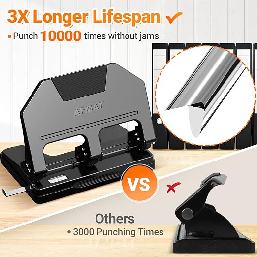 AFMAT 3 Hole Punch Heavy Duty, 9/32" Hole Diameter, 50-Sheet 3 Hole Puncher for Binder, 50% Reduced Effort, Metal Three Hole Punch w/ 10,000+ Uses, Bulit-in S.S. Paper Guide, Large Chip Tray, HPX5