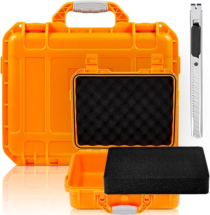 Relaxweex 1 Pcs Waterproof Hard Case with DIY Customizable Foam Insert Portable Protective Case with Knife for Camera Drones Equipments Tools Test Instruments(Orange,16.3 x 12.4 x 6.5 Inch)
