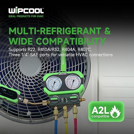 WIPCOOL Manifold Gauge for R22 R410A/R32 R404A R407C Air Conditioning Refrigerants, with Sight Glass 3 * 1/4" SAE Ports, Shockproof Integrated Design