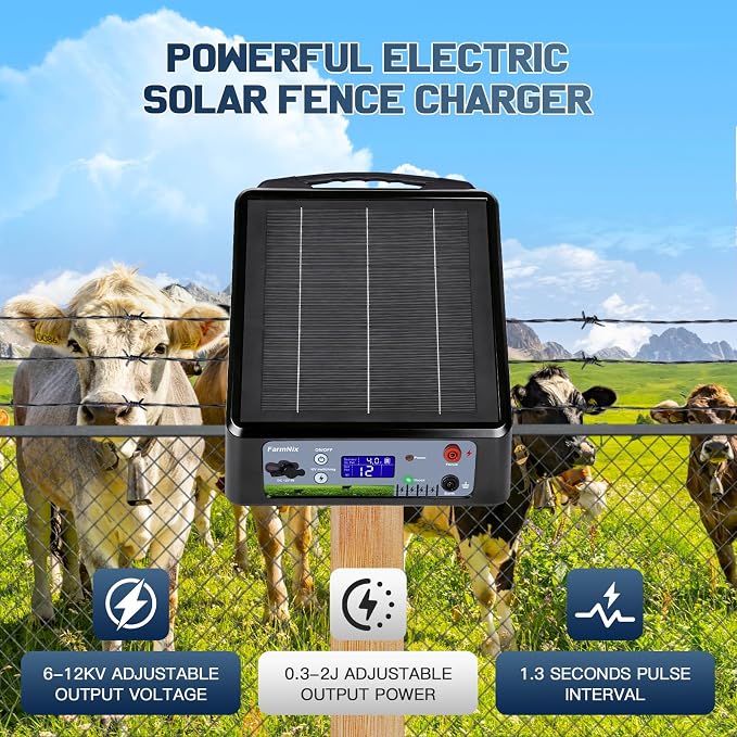 6-12KV Adjustable Output Solar Charger,20 Miles Solar Powered Electric Fence 2 Joules Pulse Energy,24H Protection Solar Powered Electric Fence Kit Suitable for Pets,Poultry,Ranches and Gardens