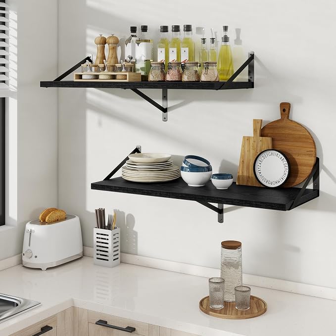 Floating Shelves 12 Inch Deep, 24W x 12D Wall Shelf Set of 2, 50 lbs Heavy Duty Reversible Metal Brackets, Deep Industrial Book Shelf for Living Room Kitchen Bath Bedroom Coffee Bar, Black