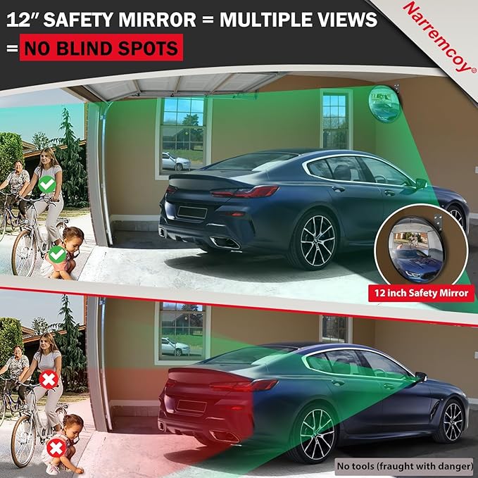 12 Inch Acrylic Convex Mirror with Rain Shield, Adjustable Wide Angle Security Mirror for Indoor Outdoor, Blind Spot for Garage, Warehouse, Driveway, Office Safety