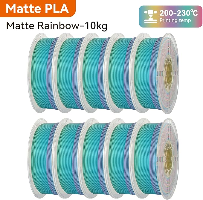 Kingroon Matte PLA Filament 1.75mm 3D Printer Filament Matte Filament 10kg Dimensional Accuracy +/- 0.02 mm (10 Rolls Matte Rainbow)