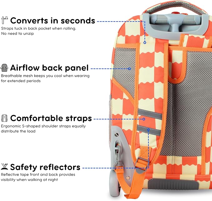 J World Sundance Laptop Rolling Backpack for Girls Boys. Roller Bookbag with Wheels, 20 Inch, Wiggle Coral