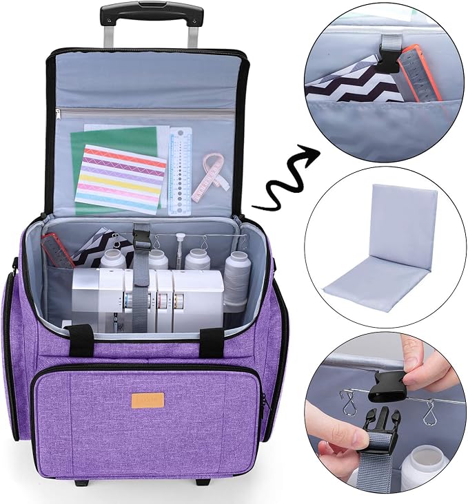LUXJA Serger Case with Detachable Trolley Dolly, Bag with Removable Padding Pad (Fit for Most Standard Machines), Purple