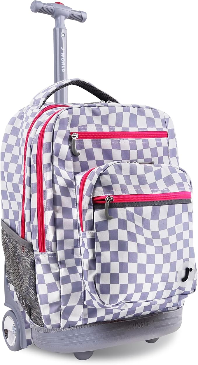 J World Sundance Laptop Rolling Backpack for Girls Boys. Roller Bookbag with Wheels, 20 Inch, Lavender Checkers