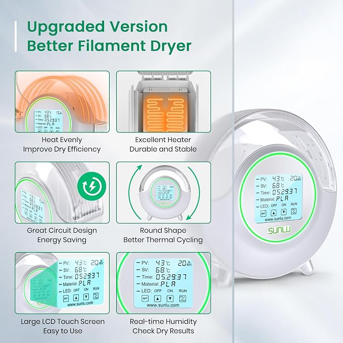 SUNLU S2 Filament Dryer, White | Touchscreen Control,70℃ Max Temperature,Dehydrator and Storage Box,For Nylon TPU PLA PETG ABS, 1.75/2.85/3.00mm