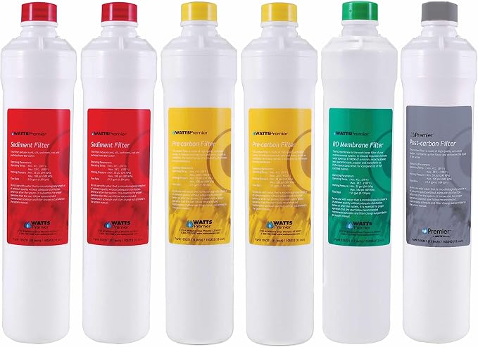Watts Premier Annual RO Pure Plus 6-Pack Filtration Kit for Zero/Pure Plus Reverse Osmosis System, Push Button Water Filter Replacement, 2 Sediment Filters, 2 Carbon Pre-Filters, VOC, Membrane