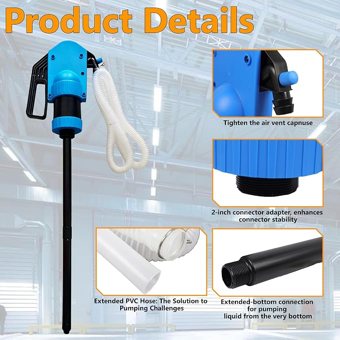 Lever Action Manual Drum Pump for 55 Gallon Barrel, Non-Electric Hand Pump 1 Pint Per Stroke with 6.6ft 3/4" Corrugated Hose, 2" Bung Adapter for High Viscosity Oil Diesel Antifreeze Agricultural