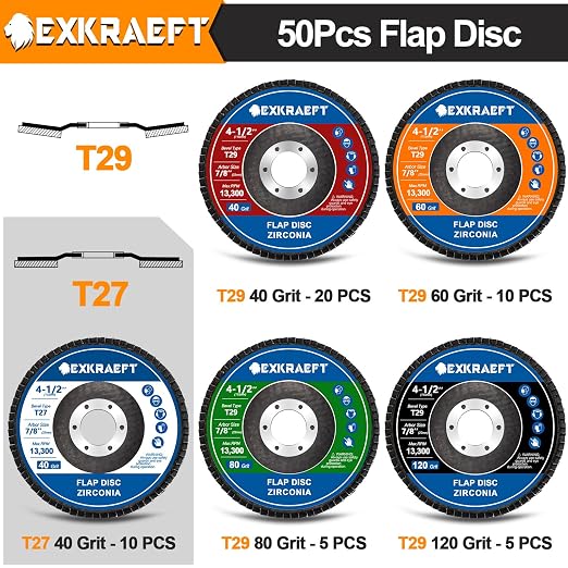 EXKRAEFT Flap Discs 4 1/2 for Angle Grinder, 50pcs Grinder Sanding Disc | 40/60/80/120 Grit T29 & 40 Grit T27 Angle Grinder Sanding Disc Set, Zirconia Flap Disc for Metal, Wood