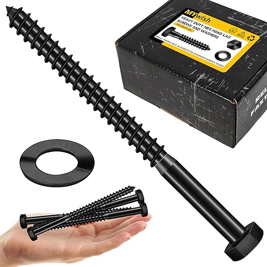 Mywish (50Sets) 3/8" x 5" Lag Bolts, 304 Stainless Steel 3/8 inch Lag Screws Bolts for Wood, Heavy Duty Hex Head with Flat Washers Bolt Kit, Black Oxided