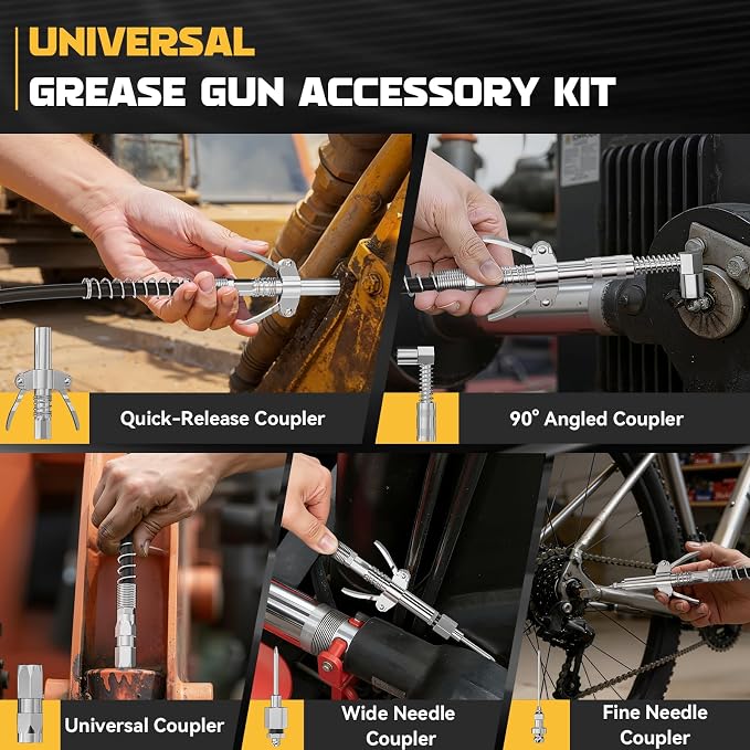 DIYtoolifz Grease Gun Accessory Kit, Includes Quick-Release Coupler, 90 Degree Grease Gun Coupler Adapter, 1/8" NPT Grease Gun Coupler, 2 Grease Needle Tips for Cars, Trucks, Machinery & DIY Projects