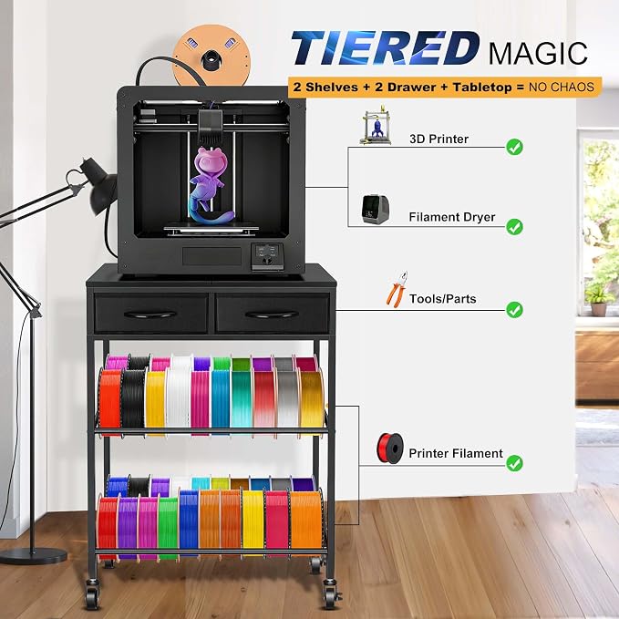 3D Printer Filament Storage Rack with Drawers, 3Tier Metal Filament Spool Holder with Wheels, 3D Printer Filament Stand for PLA/ABS/TPU/Nylon, Filaments Organzied for Workshop Studio Office, Black