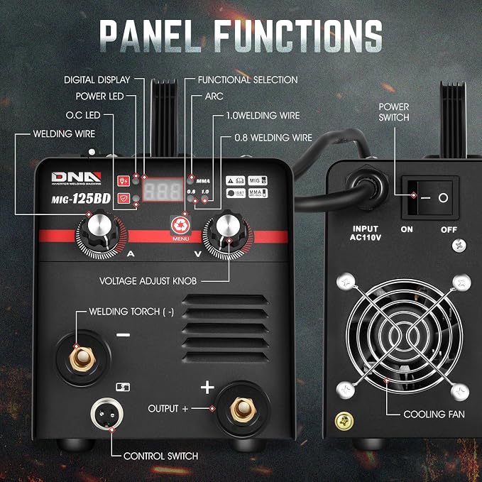 DNA Motoring 125A/110V Flux Core MIG Welder, Gasless MIG/Lift TIG/Stick Welder, 3 in 1 Portable Welding Machine, IGBT Inverter Welder for Home DIY, Garage, w/LED Digital Display, Black, TOOLS-00377