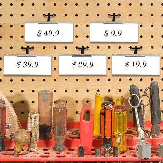 Tandefio 50 Pack 8 Inch Black Metal Peg Board Hooks with Clear Plastic Label Holder Stainless Steel Display Pegboard Hooks for 1/8'' to 1/4'' Pegboard Wall for Garage Storage Retail Shop Supplies