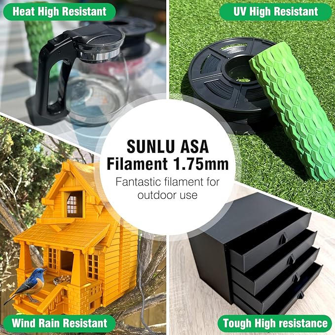 SUNLU 3D Printer ASA Filament 1.75mm, 1KG（Green） | UV/Rain/Heat Resistant Tough 3D Printer Filament, Great for Printing Outdoor Functional Mechanical Parts, 1kg Spool (2.2lbs)
