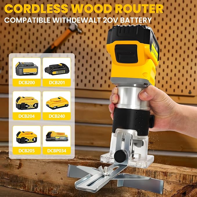 Cordless Wood Router Trimmer for Dewalt 20V Battery, 6 Speeds Wood Trimmer Set, 800W 30000 RPM Brushless Motor Hand Palm Router with 15pcs 1/4"Shank Router Bits for Woodworking,Slotting(NO Battery)
