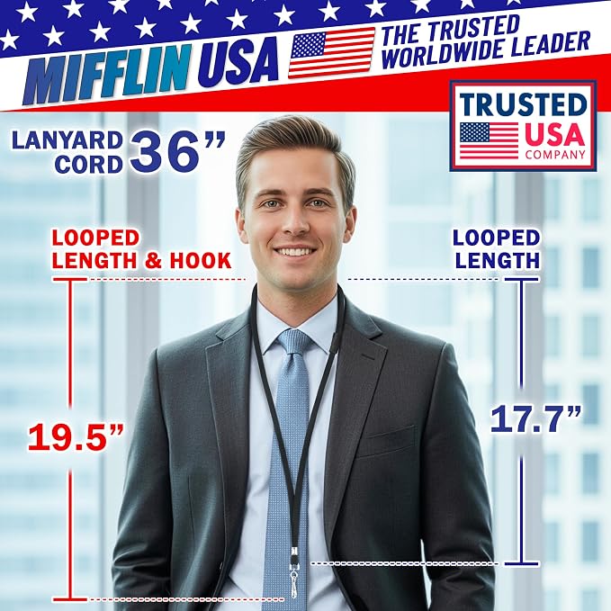 MIFFLIN-USA Flat Breakaway Safety Lanyard for ID Badges (Black, 36 Inch, 250 Pack), Soft Woven Neck Line
