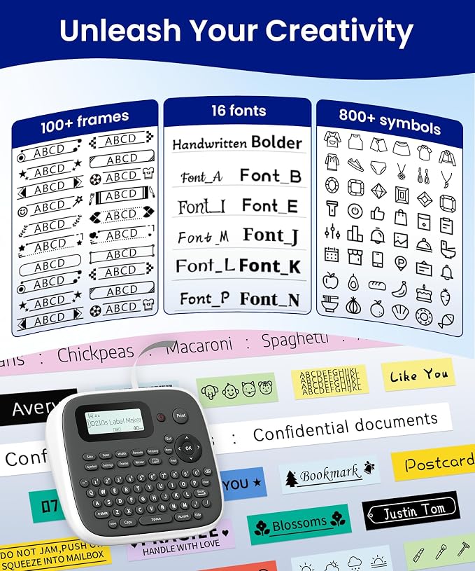 Label Maker Machine with Tape, Label Maker Waterproof Labels 12mm, D210s Laminated Labeler Machine, Multi Icons Borders & One-Touch Keys, Labelmaker for Home Use/School Office Supplies
