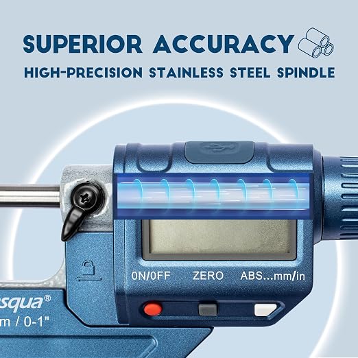 Dasqua Precision Digital Outside Micrometer, Measuring Tools for Machining and Industrial use, 0-1 inch Accuracy 0.002mm with Large Display, Lock nut and Carbide tip