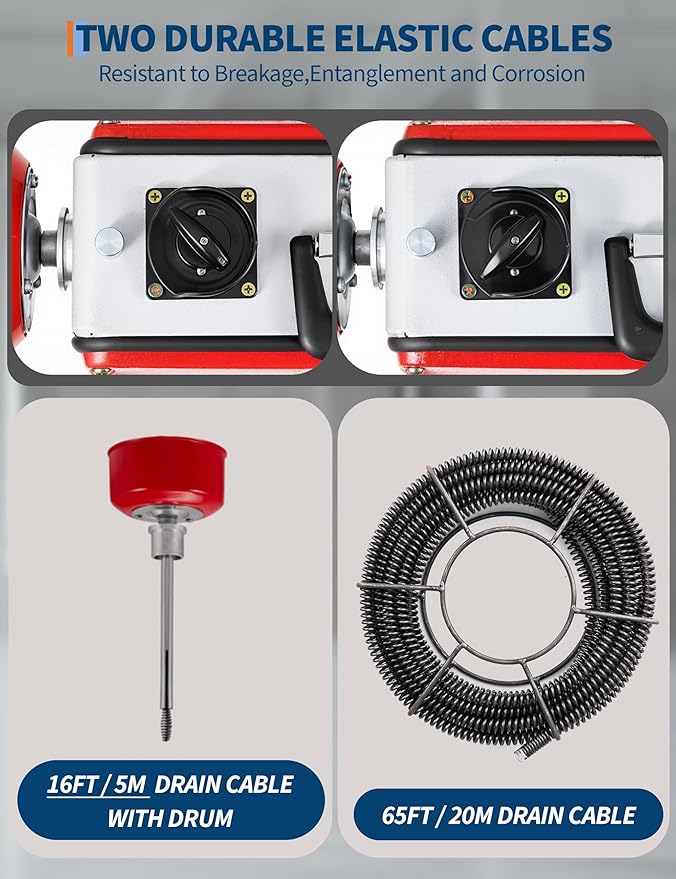 GarveeTech Portable Electric Drain Cleaner Machine, 66Ft x 5/8" & 16Ft x 3/8" Dual Cable Sewer Snake Auger with 6 Cutters for 1-4 Inch Pipes Clog Removal for Household & Professional Use