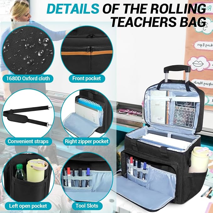 ORKELS Rolling Teacher Bag with Removable Trolley, Wheeled Teacher Tote for 17.3 Inch Laptop, Large Rolling Work Bag with Organized Storage for Books, Files, Lesson Plans & Classroom Supplies