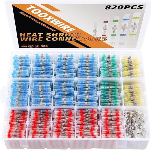 820PCS Solder Seal Wire Connectors, Heat Shrink Wire Connectors Kit, Waterproof Heat Shrink Butt Connectors for Marine Automotive Boat Truck RV Wiring, AWG 26-10, 5 Sizes