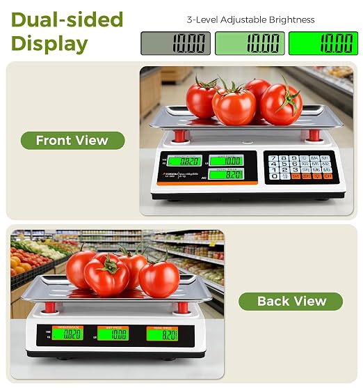 Atogou 1g Resolution Price Computing Scale with Dual-Sided Display, 88lb Commercial Food Kitchen Scale with Preset Price Keys, Plug-in or rechargeable,for Produce, Farmers Markets, Meat(Not for Trade)