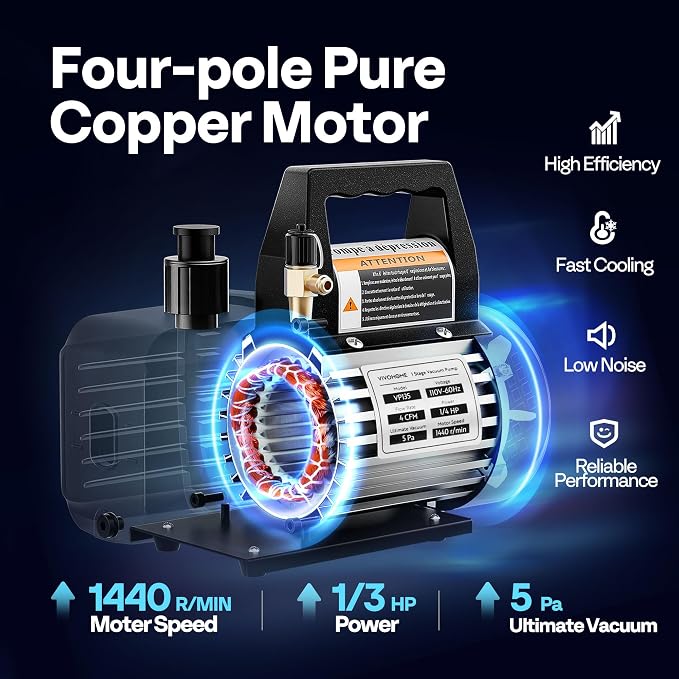 VIVOHOME Upgraded 4CFM 1/3 HP 1-Stage HVAC Vacuum Pump and 4 Way AC Manifold Gauge Set with Leak Detector 5ft Hoses for R134a R12 R22 R502 R410a, Mini Split & Car Air Conditioner Maintenance