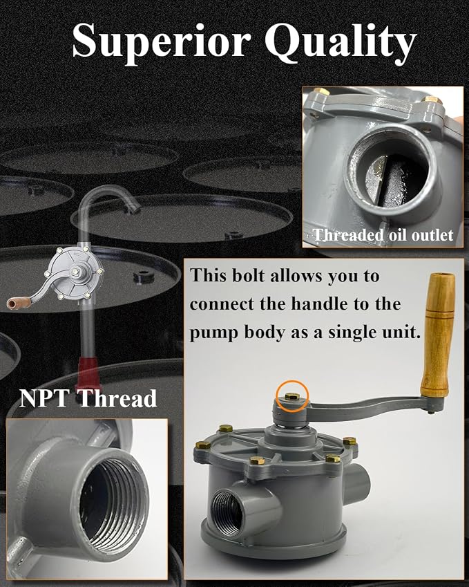 Aluminum NPT Drum Rotary Hand Pump, 30-40 Gallon Gas Caddy with NPT Thread Pump Hand Fuel Pump Gasoline Diesel Transfer Pump for Fuel Barrel, Inlet Pipe 1-1/4", Outlet Pipe 1-1/4"