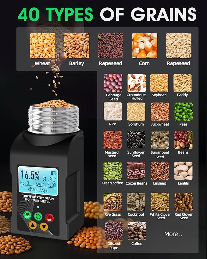 Grain Moisture Meter for 40 Crops, Digital Grain Moisture Tester with Temperature Display for Wheat, Barley, Corn, Oats, Canola, Soybeans