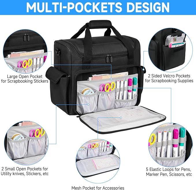 Craft Bag for Scrapbook Supplies, Large Scrapbook Tote with 15.6'' Laptop Sleeve, Art Supply Storage Bag with Multiple Pockets for Scrapbooking Tools, Black