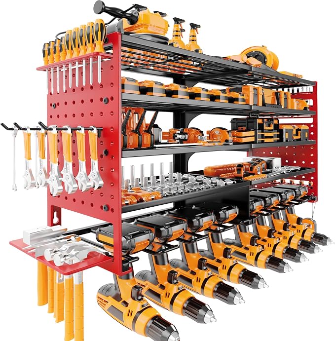 5 Layers Power Tool Organizer Wall Mount, Metal Cordless Tool Hanger Storage Rack Holder with 8 Drill Holders, Heavy Duty Garage Wall Tool Shelf for Workshop Tool Room Shed Pegboard (Black Red)