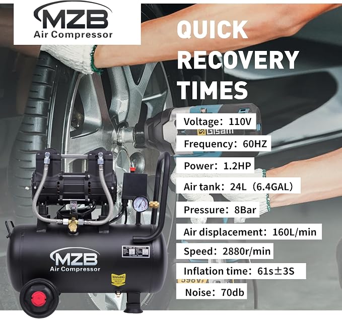 MZB 6.4 Gallon Ultra Quiet Air Compressor 110V/60Hz Steel Tanks Oil-Free 70dB Noise Level Air Compressor with Wheels for Spray Painting, Auto Repair, Carpentry Decoration