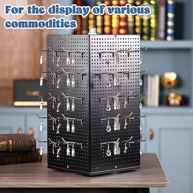 Geelin Metal Pegboard Display with 50 Hooks, 9.8 x 9.8 x 20.5 in Rotating Display Stand Racks for Craft Shows Pegboard Organizer with Peg Hooks for Jewelry Organizing Retail(Black)