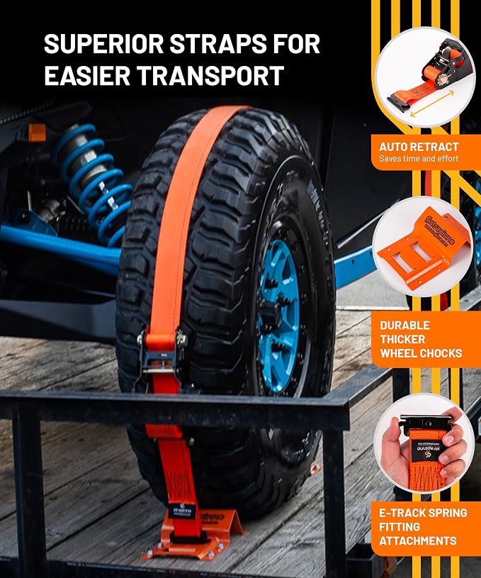Strapinno E-Track Retractable Ratchet Straps with Wheel Chock Kit, 4500lbs Breaking Strength - 2in x 12ft Heavy Duty Ratchet Strap for Trailer Tie Down System to Secure ATV, UTV & Lawn Mower (2 PCs)