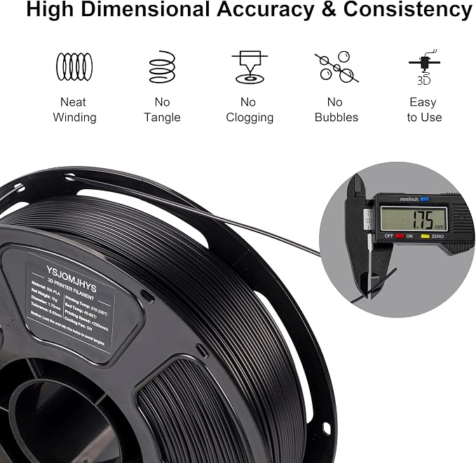 Silk PLA Filament 1KG, 3D Printer Silk Filament 1.75mm, Dimensional Accuracy +/- 0.02mm, Neatly Wound, No Clogging, Individually Vacuum Packed, Shiny Black 3D Printing Filament