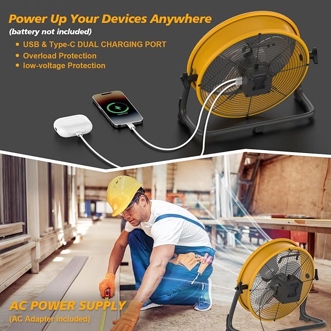 16" Battery Operated Floor Fan Compatible with Dewalt 20V Max Battery, High Velocity AC DC Portable Fan with USB Output, Metal Blade Cordless Jobsite Fan for Garage, Camping, Workshop, Emergency Use