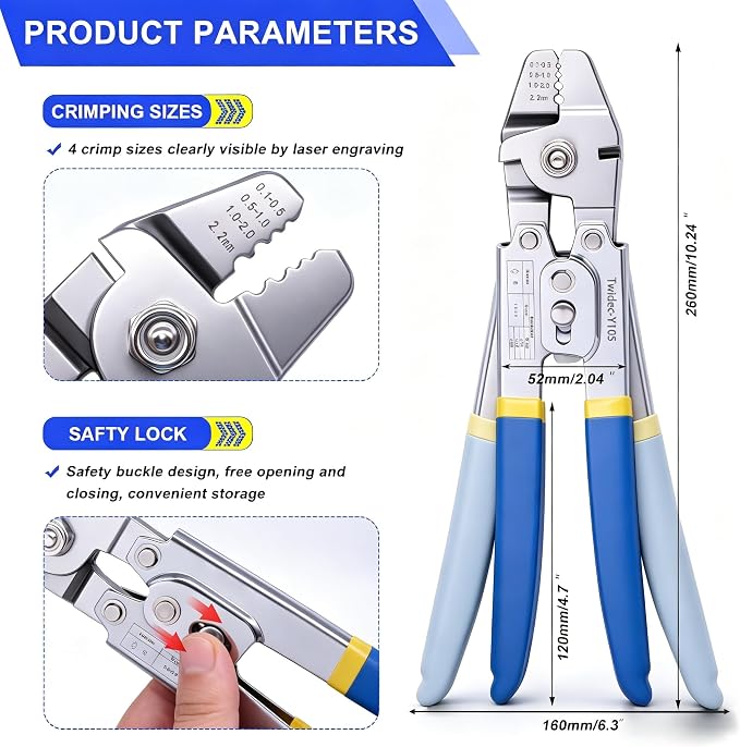 Twidec/Wire Rope Crimping Tool Up To 2.2mm Swaging Tool With 160PCS 1/16''Aluminum Crimping Loop Sleeve And 66FT 1/16'' 304 stainless steel Wire Rope 12PCS Wire Rope Thimbles Kit