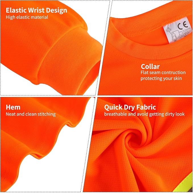 Zhanmai 6 Pack Safety Long Sleeve, Class 3 High Visibility T Shirt with Reflective Strips for Work Surveyor Construction