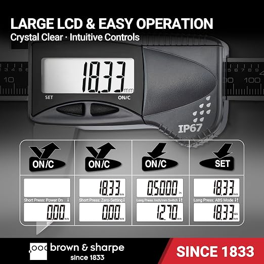 Brown & Sharpe 6" Digital Caliper, IP67 Stainless Steel, Large LCD Display, Locking Screw, ABS/DIFF Measurement, Inch & Millimeter Conversion, High-Contrast Readings