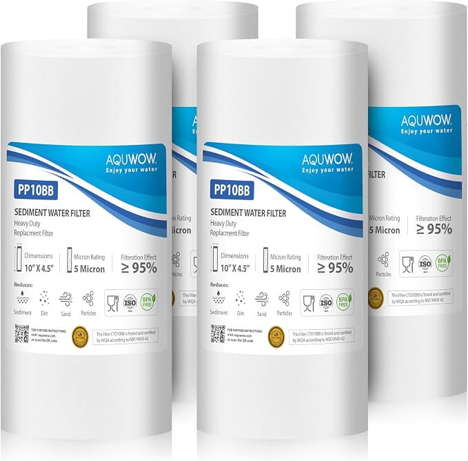 PP10BB 5 Micron 4.5" x 10" Filter Set – Sediment Replacement Cartridges for Whole House Water Filtration Systems, Universal Standard PP Filters (4, 10 x 4.5)